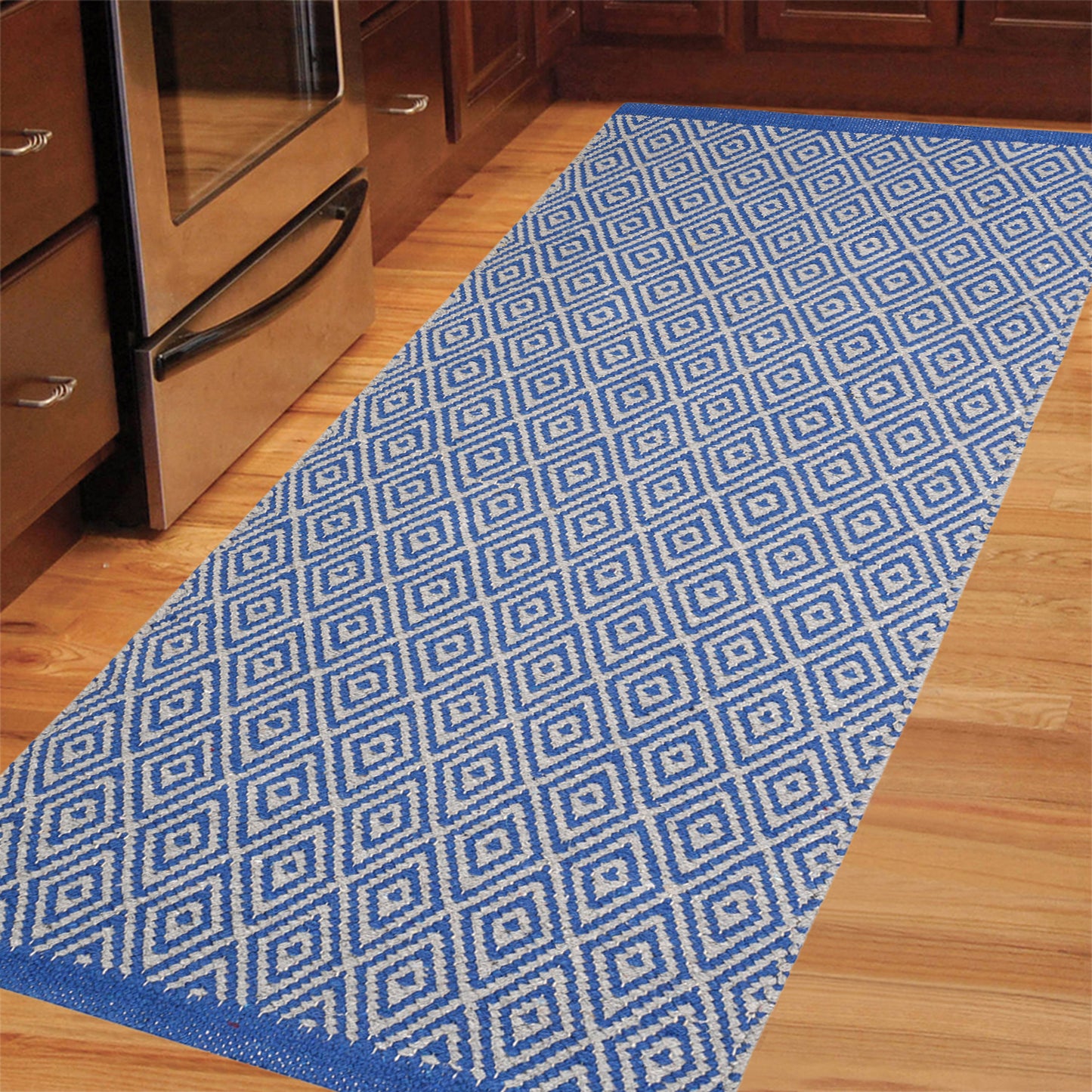 Cosmorugs Designer Cotton Kitchen Mat Blue & Grey 3x1.8 Feet Floor Rug