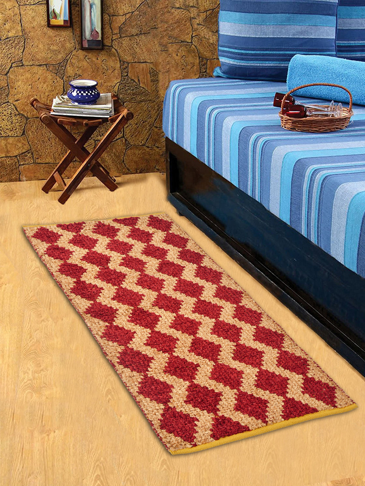 Cosmorugs Fancy Antiskid Cotton & Feather Yarn Bed Runner Yellow & Red