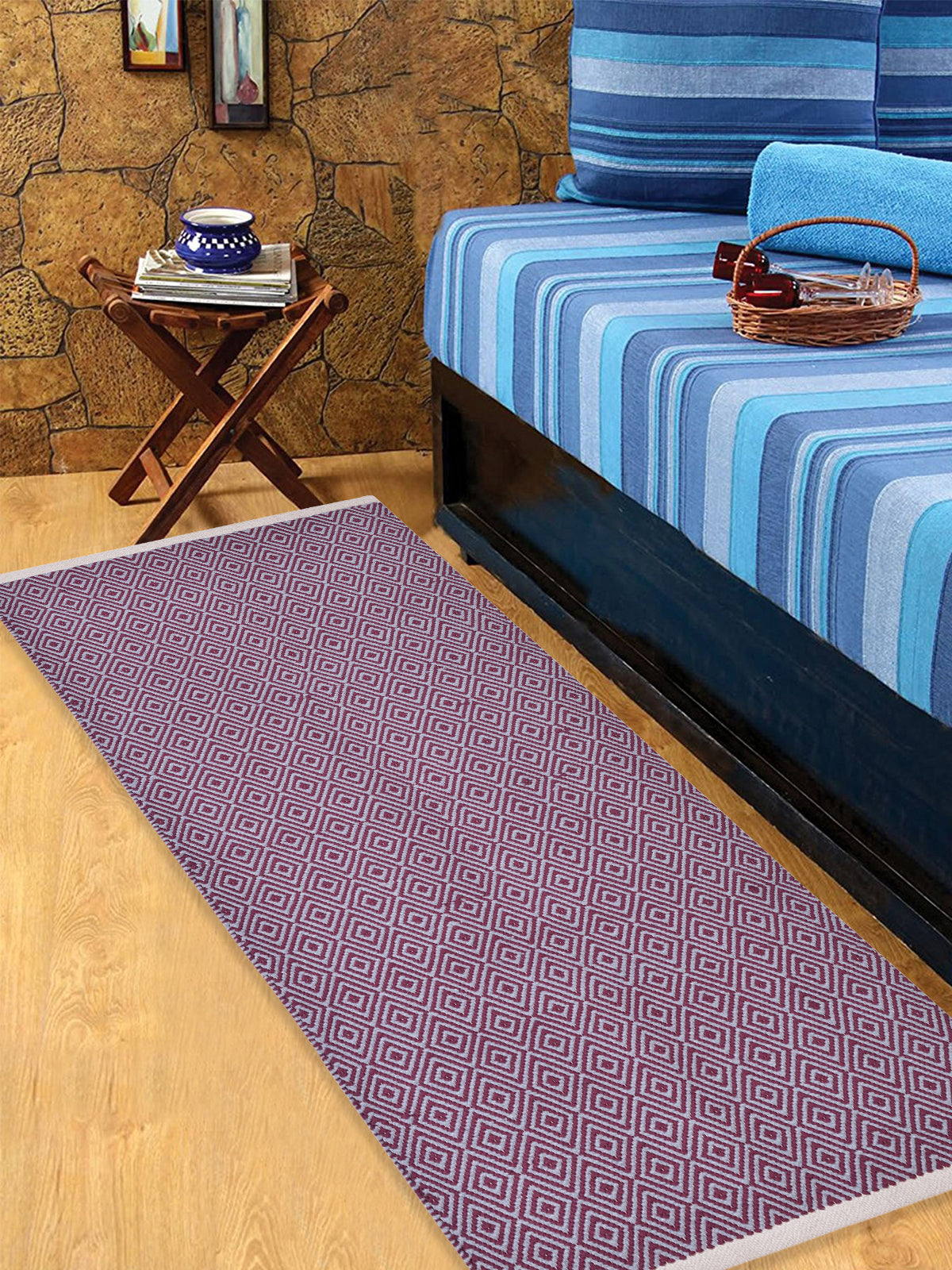 Cosmorugs Handmade Cotton Designer Bed Side Runners Maroon & Grey Color