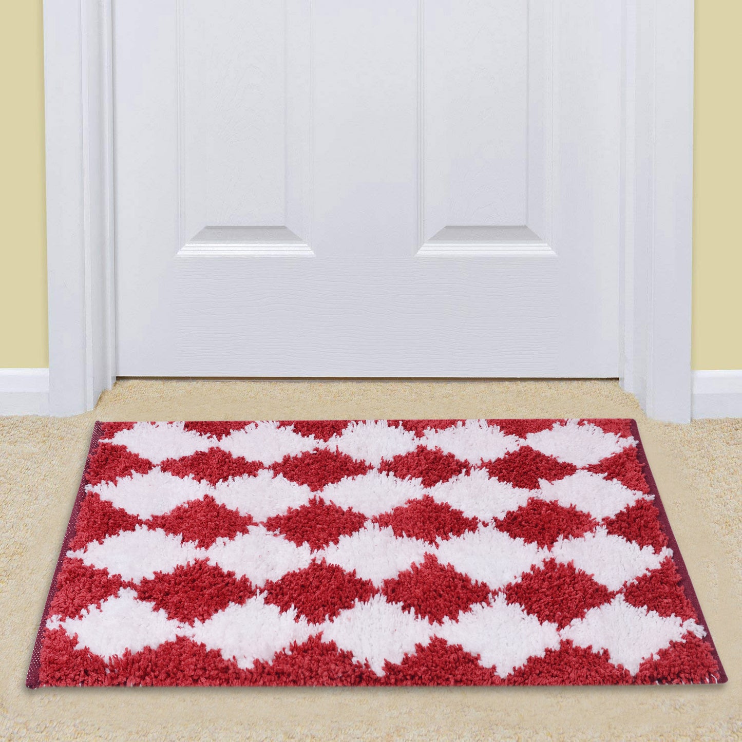 Cosmorugs Cotton Door mat with Microfiber Cut Piles Red and White