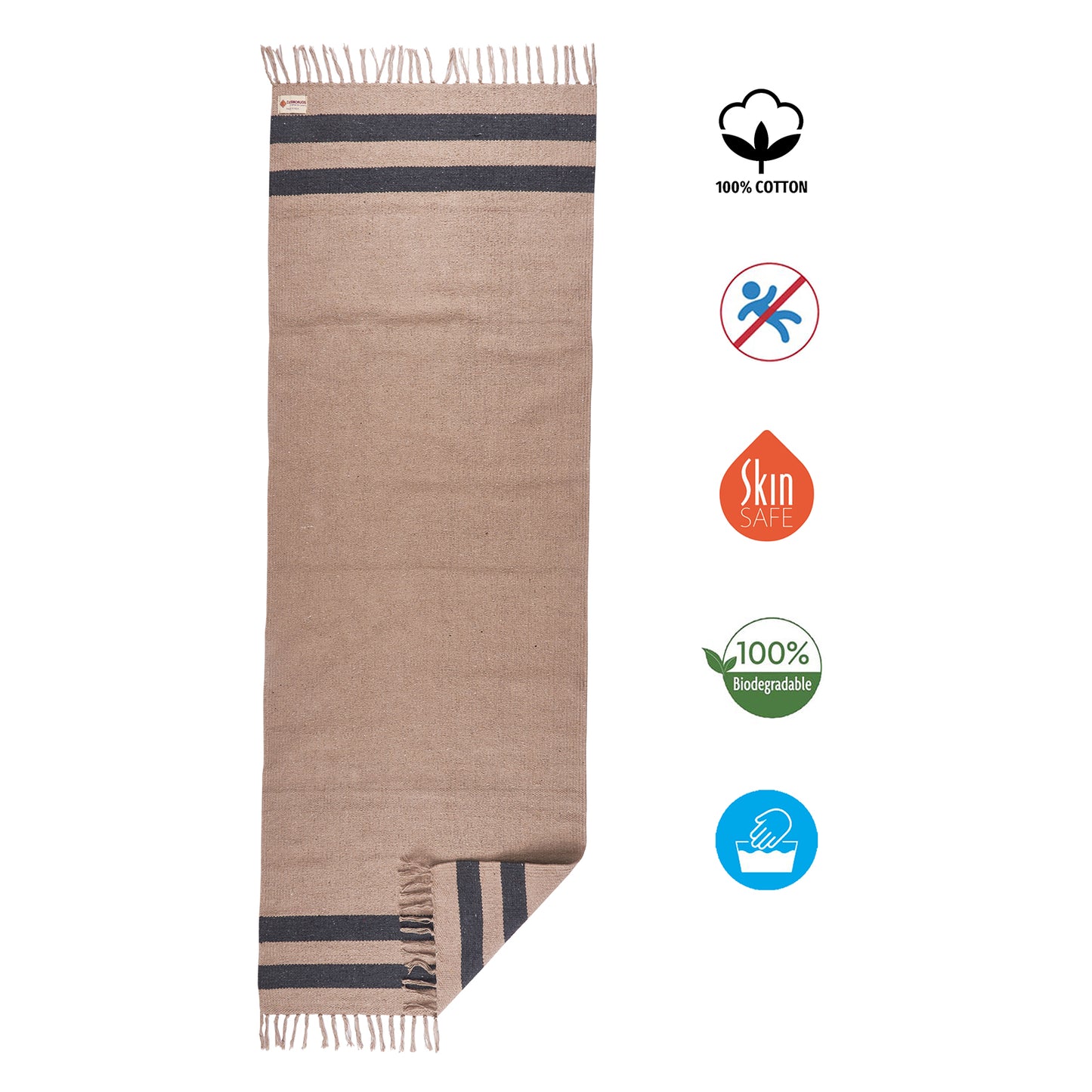 Cosmorugs Cotton Yoga Mat Beige with Black Horizontal Stripes Open End