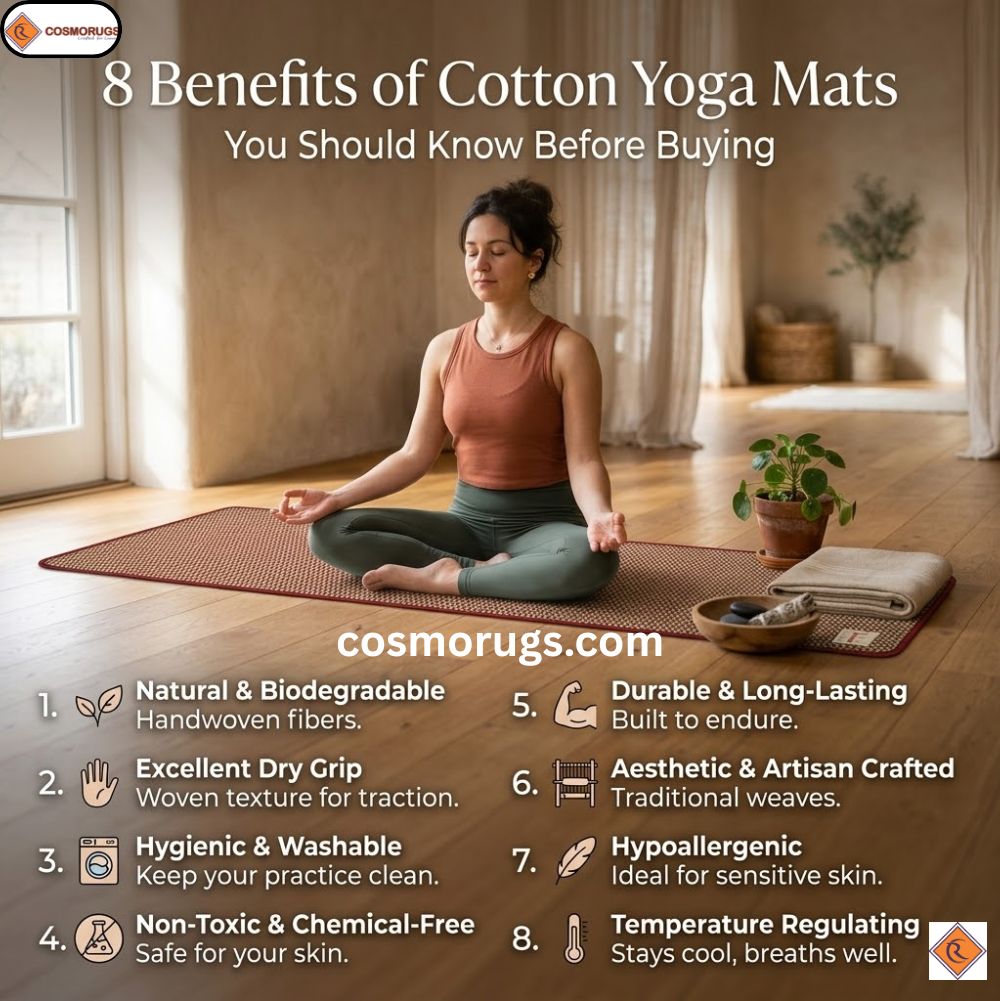 Handmade cotton yoga mat rolled out on a wooden floor