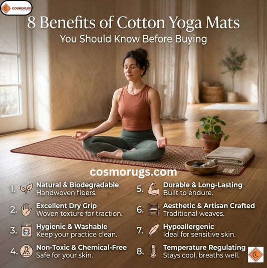 Handmade cotton yoga mat rolled out on a wooden floor