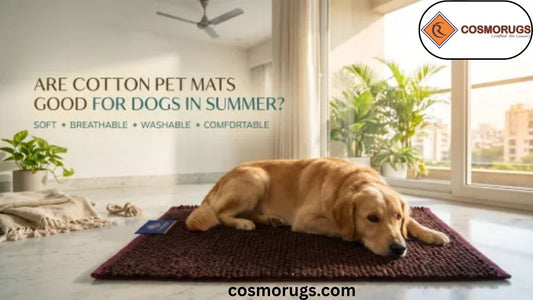 Dog relaxing on a soft breathable cotton pet mat inside a modern Indian home during summer, showcasing comfortable, washable, and lightweight Cotton Pet Mats for pets.