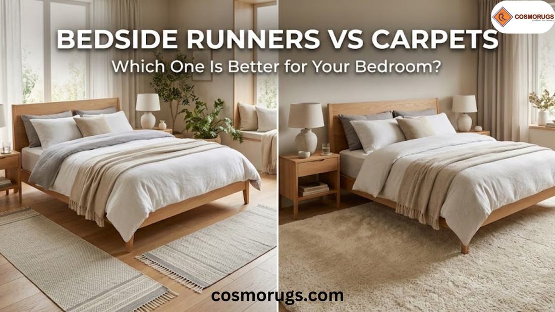 Modern bedroom comparison showing cotton bedside runners on one side and a large carpet under the bed on the other side for design and comfort contrast.