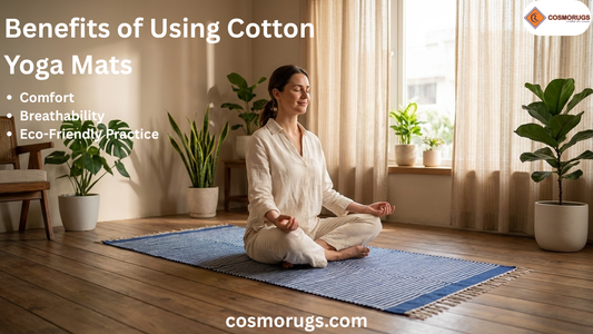 Handwoven cotton yoga mat placed in a bright home yoga space with a person meditating, highlighting breathable and eco-friendly cotton yoga mats for daily practice.