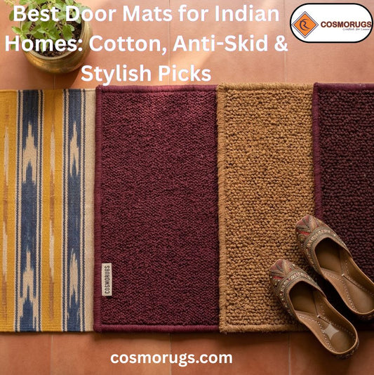 Cotton, coir, and rubber-backed door mats compared side by side on an Indian entryway floor