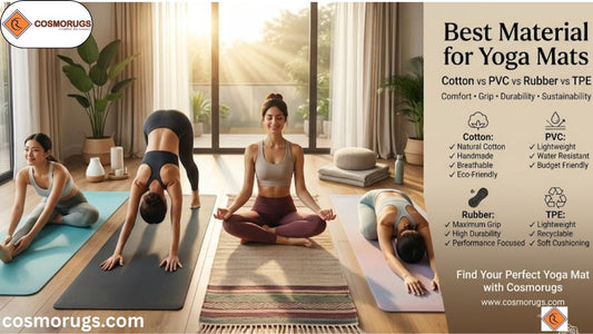 Comparison of cotton, PVC, rubber, and TPE yoga mats in a modern home yoga studio, showcasing the best yoga mat materials for comfort, grip, durability, and sustainability.