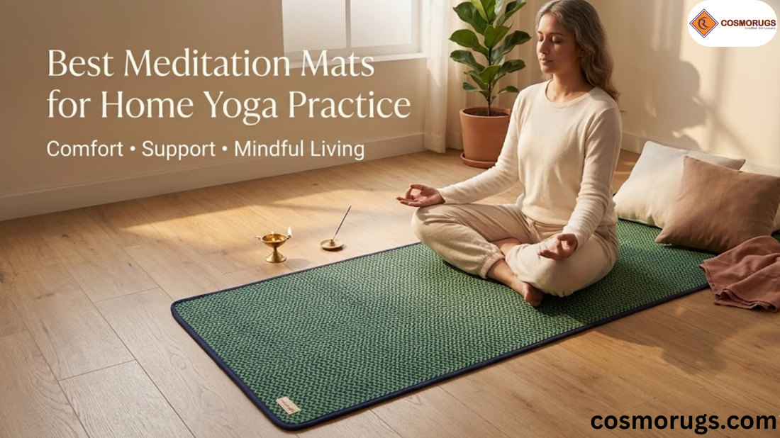 Peaceful home yoga corner featuring a handwoven cotton meditation mat India with a person sitting cross-legged in natural sunlight