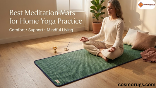 Peaceful home yoga corner featuring a handwoven cotton meditation mat India with a person sitting cross-legged in natural sunlight