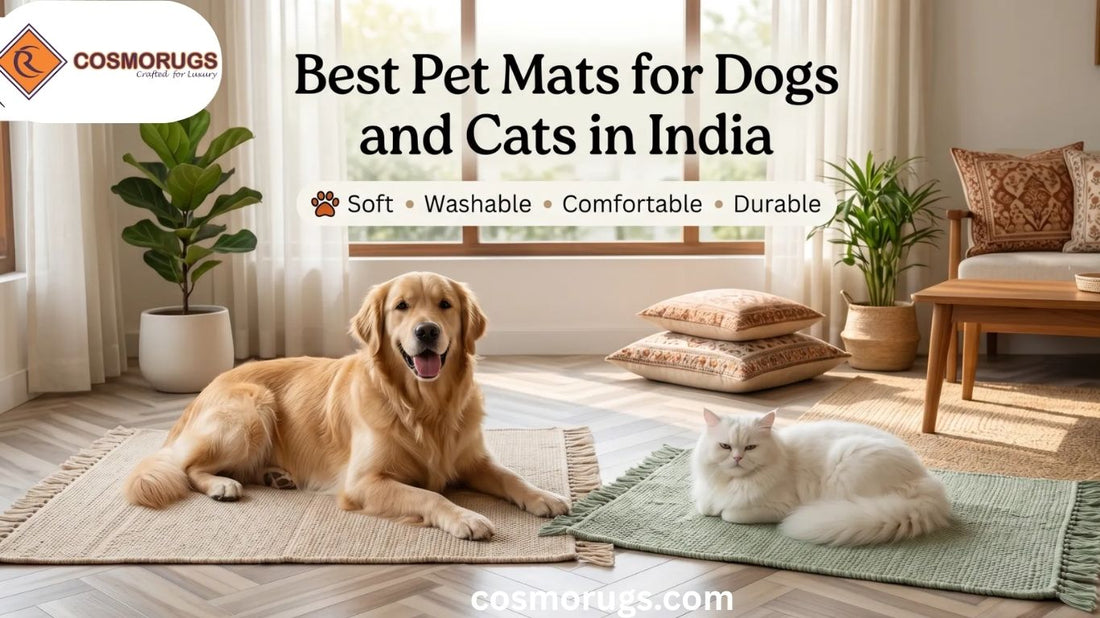 Happy dog and cat resting on soft handmade cotton pet mats in a cozy modern Indian living room, showcasing comfortable, washable, and anti-skid Best Pet Mats designed for pets.