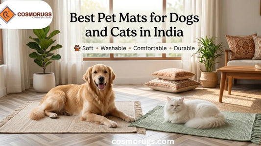 Happy dog and cat resting on soft handmade cotton pet mats in a cozy modern Indian living room, showcasing comfortable, washable, and anti-skid Best Pet Mats designed for pets.
