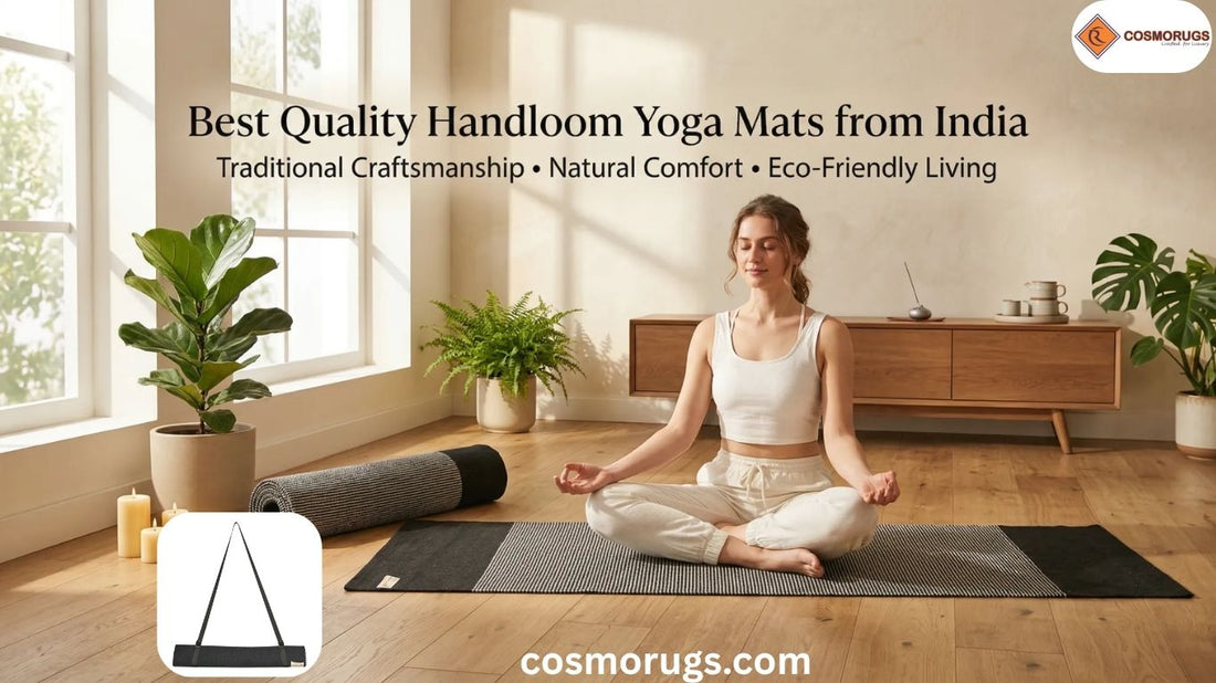 Premium handloom yoga mat from India displayed in a peaceful indoor yoga setting with a person meditating, showcasing eco-friendly cotton weaving and traditional craftsmanship.