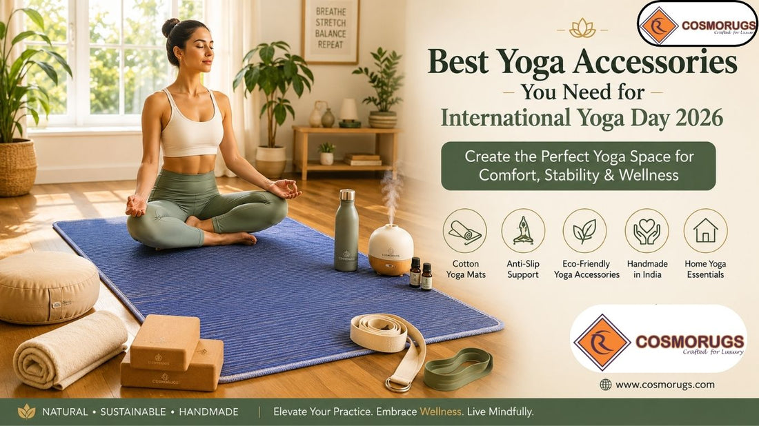 Best Yoga Accessories for International Yoga Day 2026 featuring a woman meditating on a premium Cosmorugs cotton yoga mat surrounded by yoga blocks, straps, cushion, towel, and eco-friendly wellness accessories in a bright home yoga studio.