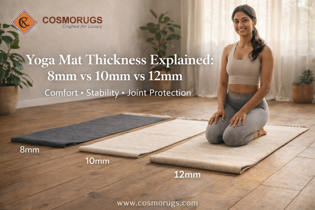 Indian woman kneeling on a handmade cotton yoga mat in a bright minimalist studio, comparing yoga mat thickness with 8mm, 10mm, and 12mm mats placed side by side, showcasing comfort, stability, and cushioning by CosmoRugs.