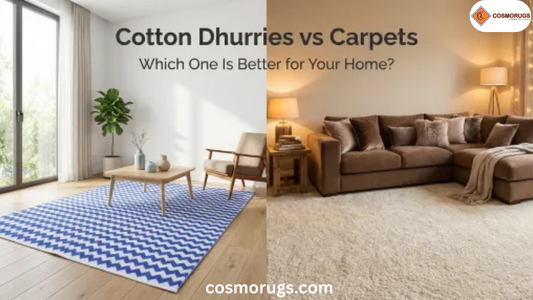 Split-screen comparison of cotton dhurrie and plush carpet in modern living rooms showing texture, thickness, and interior style differences