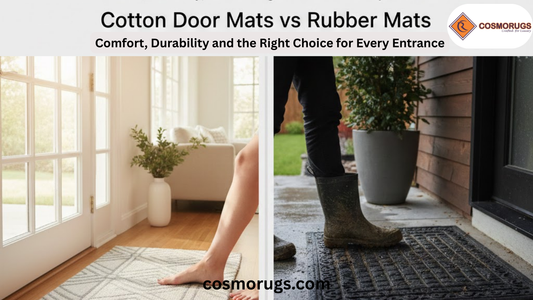 Split comparison showing cotton door mat indoors for comfort and rubber door mat outdoors for durability at home entrance.