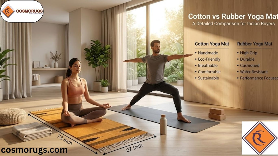 Comparison of a handmade cotton yoga mat and a natural rubber yoga mat in a modern home yoga studio, helping Indian buyers choose the best yoga mat for comfort, grip, and sustainability.