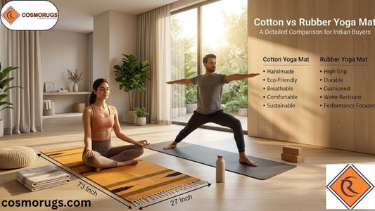 Comparison of a handmade cotton yoga mat and a natural rubber yoga mat in a modern home yoga studio, helping Indian buyers choose the best yoga mat for comfort, grip, and sustainability.