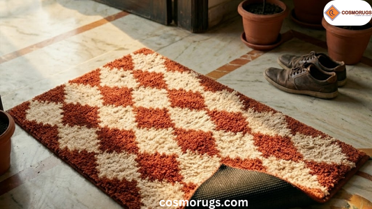 Handwoven antiskid cotton door mat made in Uttar Pradesh placed at a modern Indian home entrance with marble flooring, showcasing durable stitching, soft cotton texture, and anti-slip backing.