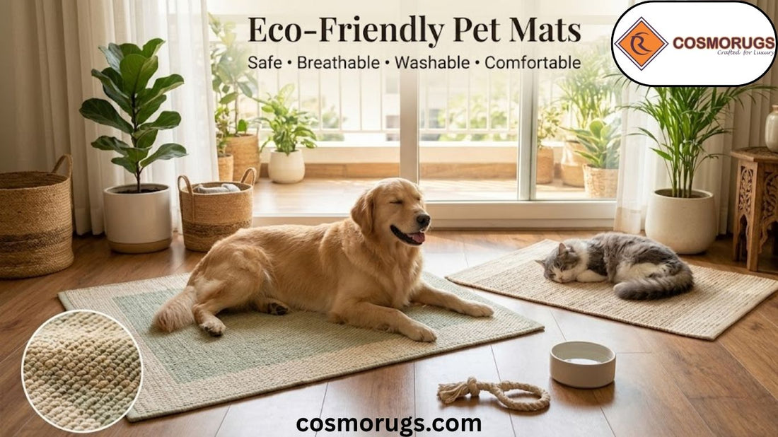 Dog and cat relaxing on soft eco friendly cotton pet mats inside a modern Indian living room, featuring breathable handmade fabric, comfortable cushioning, and sustainable pet-friendly design.