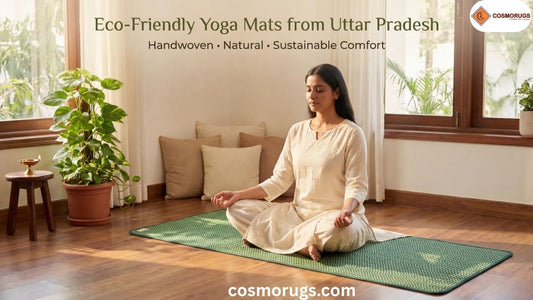 Eco-friendly cotton yoga mat from Uttar Pradesh with a person meditating in a peaceful home setting, showcasing natural, handwoven, and sustainable yoga mat design.