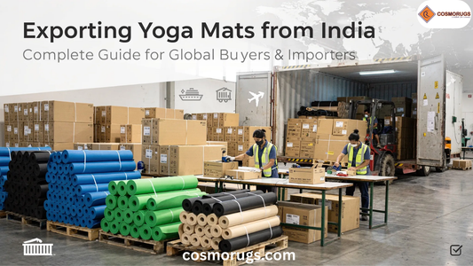 Yoga mat export India showing factory workers packing rolled yoga mats into cartons for international shipping from a warehouse in India.