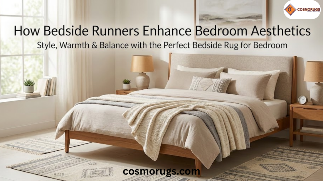 Modern bedroom interior featuring cotton bedside runners placed on both sides of the bed, showcasing woven dhurrie texture and elegant styling.