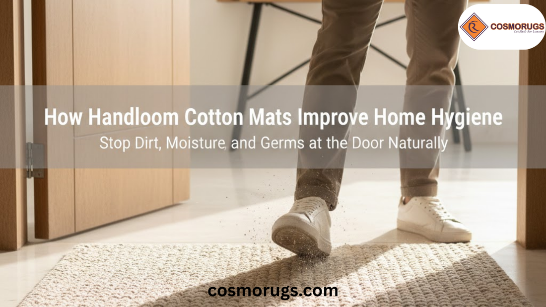 Handloom cotton door mat at home entrance trapping dirt and moisture from shoes to improve indoor hygiene and cleanliness.