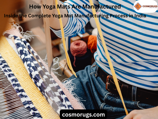 Inside a yoga mat factory India showing the yoga mat manufacturing process including extrusion machines, quality inspection, and finished rolled yoga mats.