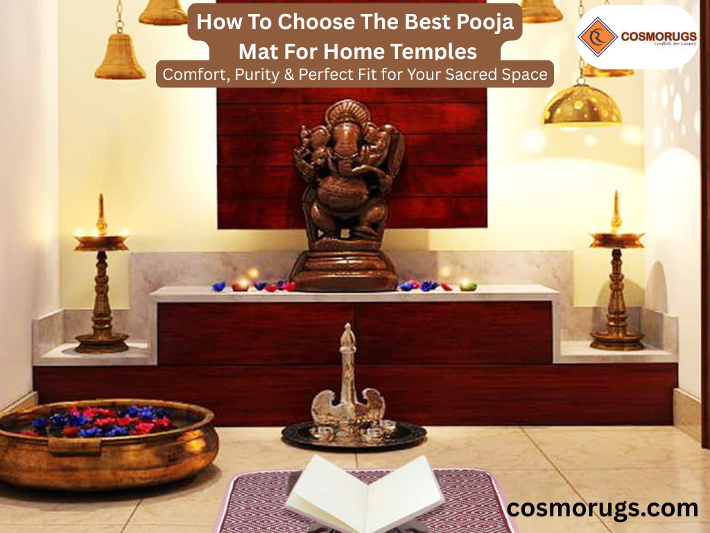 Cotton pooja mat for mandir placed in front of a wooden home temple with diya and flowers, creating a peaceful and comfortable prayer setup.