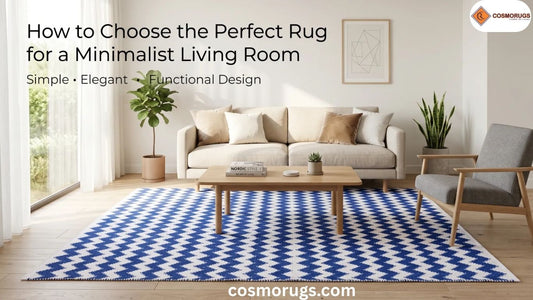 Minimalist living room with a neutral-toned cotton rug, modern sofa, wooden coffee table, indoor plants, and soft natural lighting creating a clean and elegant home décor setting.