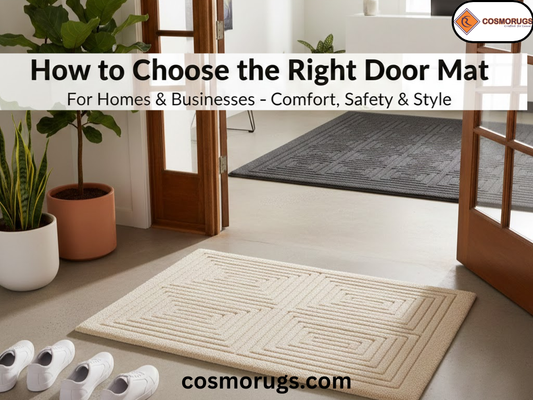 Cotton door mat placed at a clean home entrance showing absorbent fabric, anti-slip backing, and stylish design for home and business use.