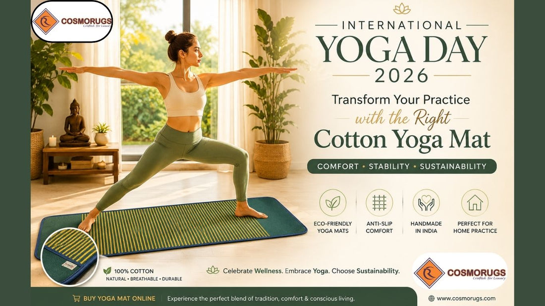 Woman practicing yoga on a premium Cosmorugs cotton yoga mat in a bright home studio during International Yoga Day 2026. Eco-friendly anti-slip handmade yoga mat for home practice, wellness, meditation, and sustainable living.