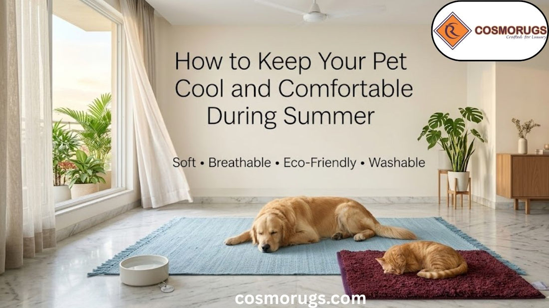 Dog and cat relaxing on soft eco friendly pet mats inside a cool modern Indian home during summer, featuring breathable cotton fabric, fresh indoor setting, and comfortable resting space for pets.