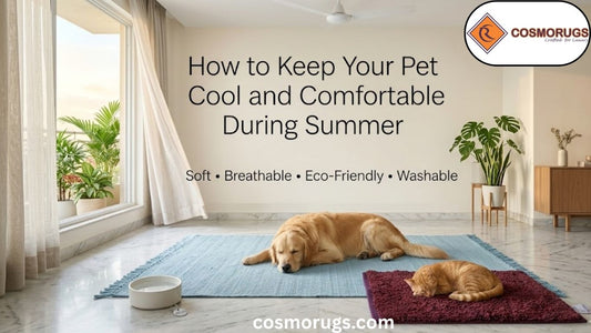 Dog and cat relaxing on soft eco friendly pet mats inside a cool modern Indian home during summer, featuring breathable cotton fabric, fresh indoor setting, and comfortable resting space for pets.