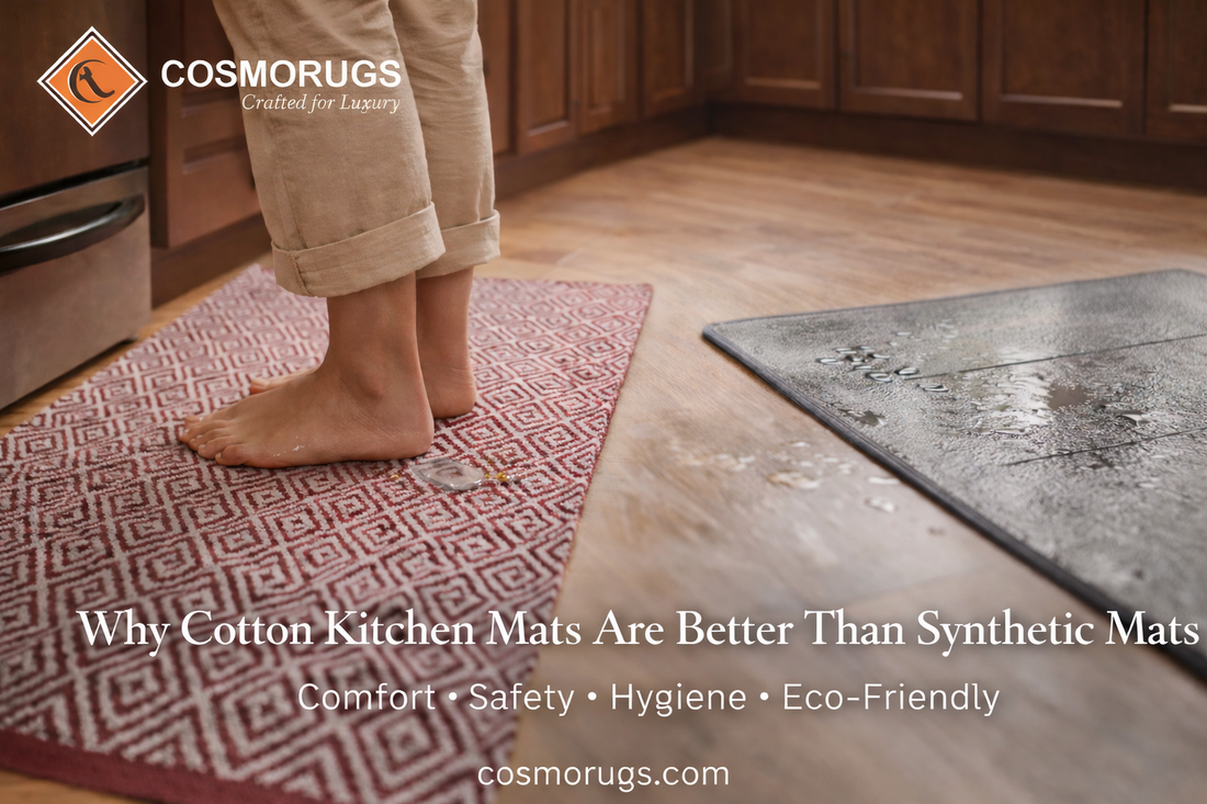 Soft cotton kitchen mat in a modern kitchen absorbing spills while providing comfortable, non-slip support underfoot