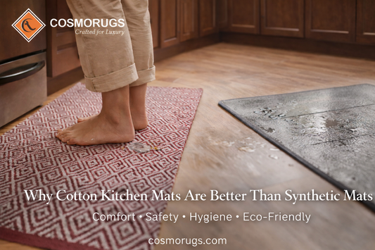Soft cotton kitchen mat in a modern kitchen absorbing spills while providing comfortable, non-slip support underfoot