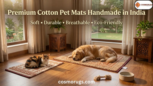 Dog and cat resting on premium handmade cotton pet mats in a cozy modern Indian home, showcasing breathable woven texture, soft cushioning, and eco-friendly pet comfort.