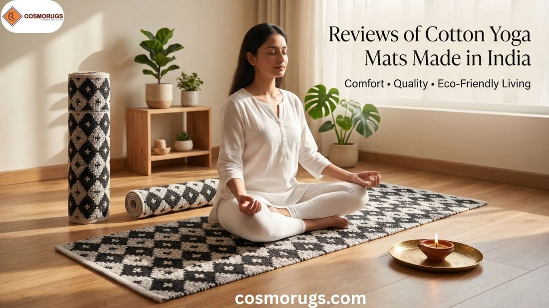 Premium cotton yoga mat made in India placed in a peaceful indoor yoga setting with a woman meditating, showcasing handwoven texture, eco-friendly design, and traditional craftsmanship.