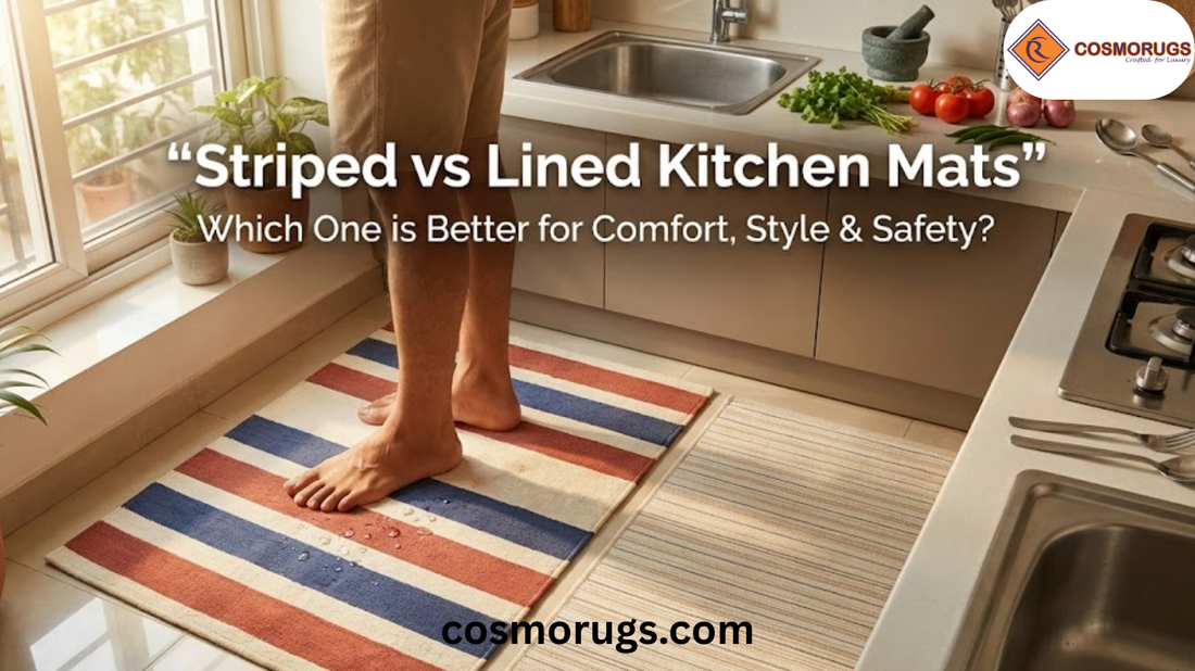Striped and lined kitchen mats placed side by side in a modern Indian kitchen showing comfort, safety, and everyday use