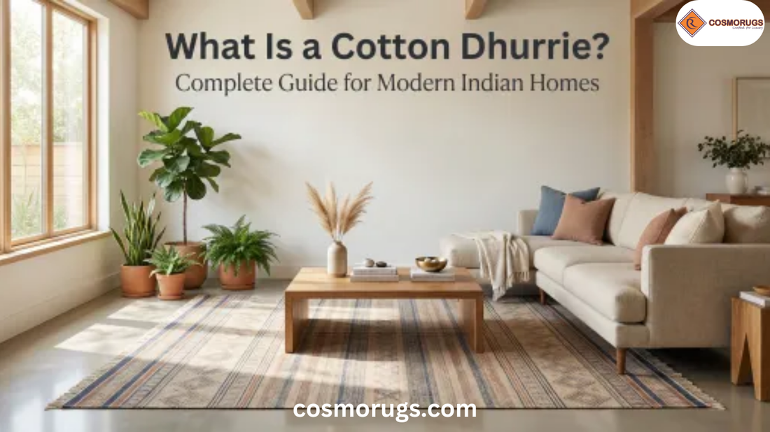 Handwoven cotton dhurrie in a modern Indian living room showing traditional flat-woven rug design and eco-friendly cotton floor covering.