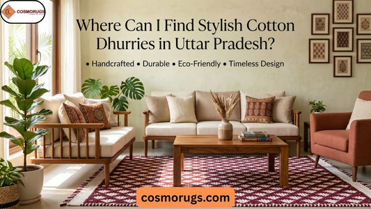 Handmade cotton dhurrie from Uttar Pradesh displayed in a modern Indian living room, featuring traditional weaving craftsmanship, elegant geometric patterns, and stylish home décor.