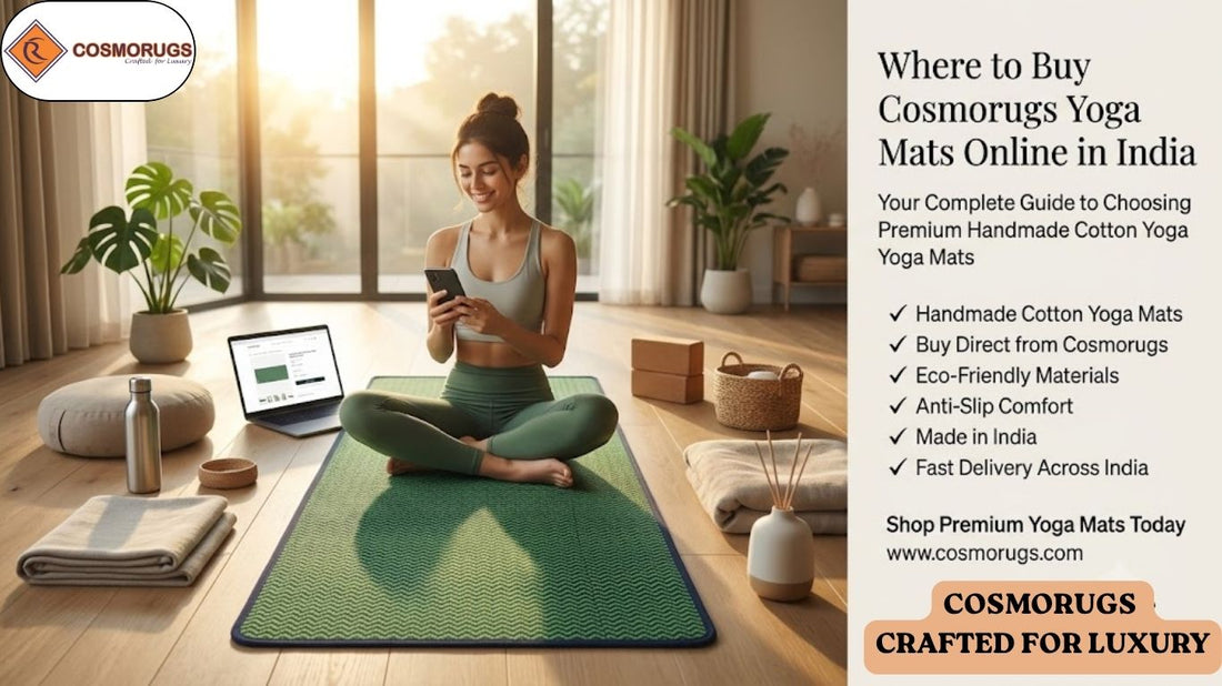 Woman shopping for a premium Cosmorugs handmade cotton yoga mat online while relaxing in a bright home yoga studio with eco-friendly wellness accessories.
