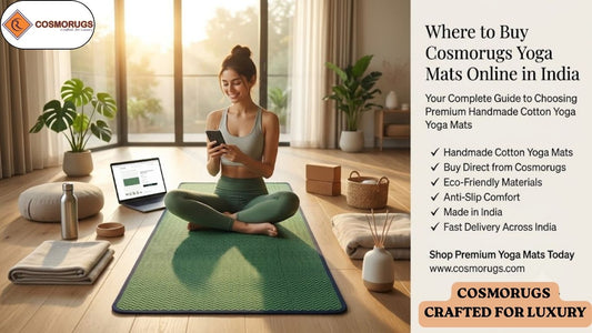Woman shopping for a premium Cosmorugs handmade cotton yoga mat online while relaxing in a bright home yoga studio with eco-friendly wellness accessories.
