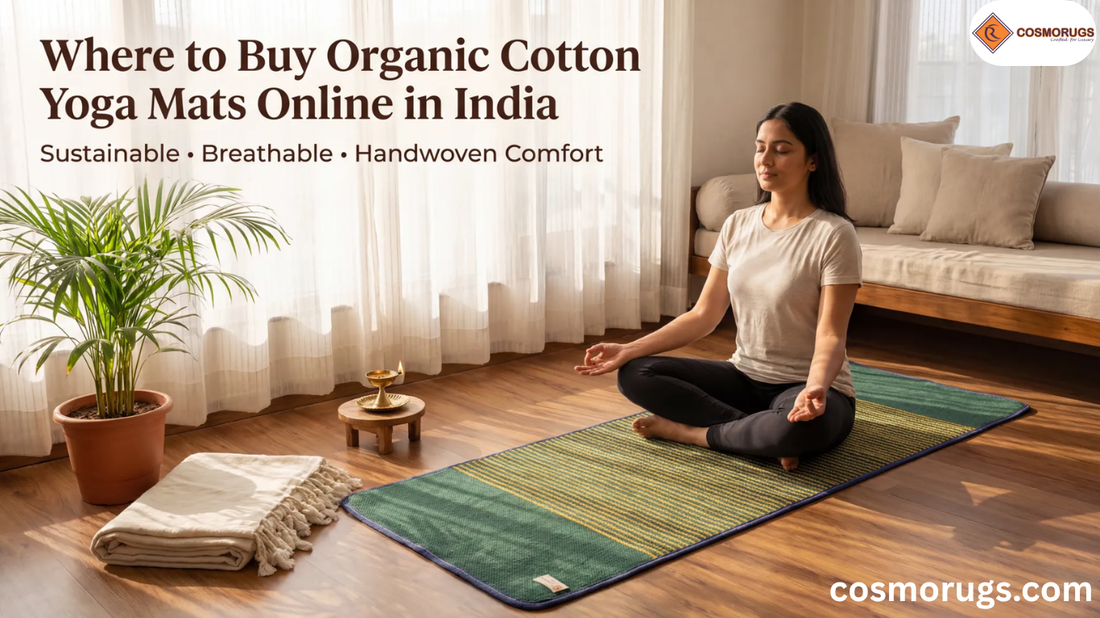 Eco-friendly cotton yoga mat from Uttar Pradesh with a person meditating in a peaceful home setting, showcasing natural, handwoven, and sustainable yoga mat design.