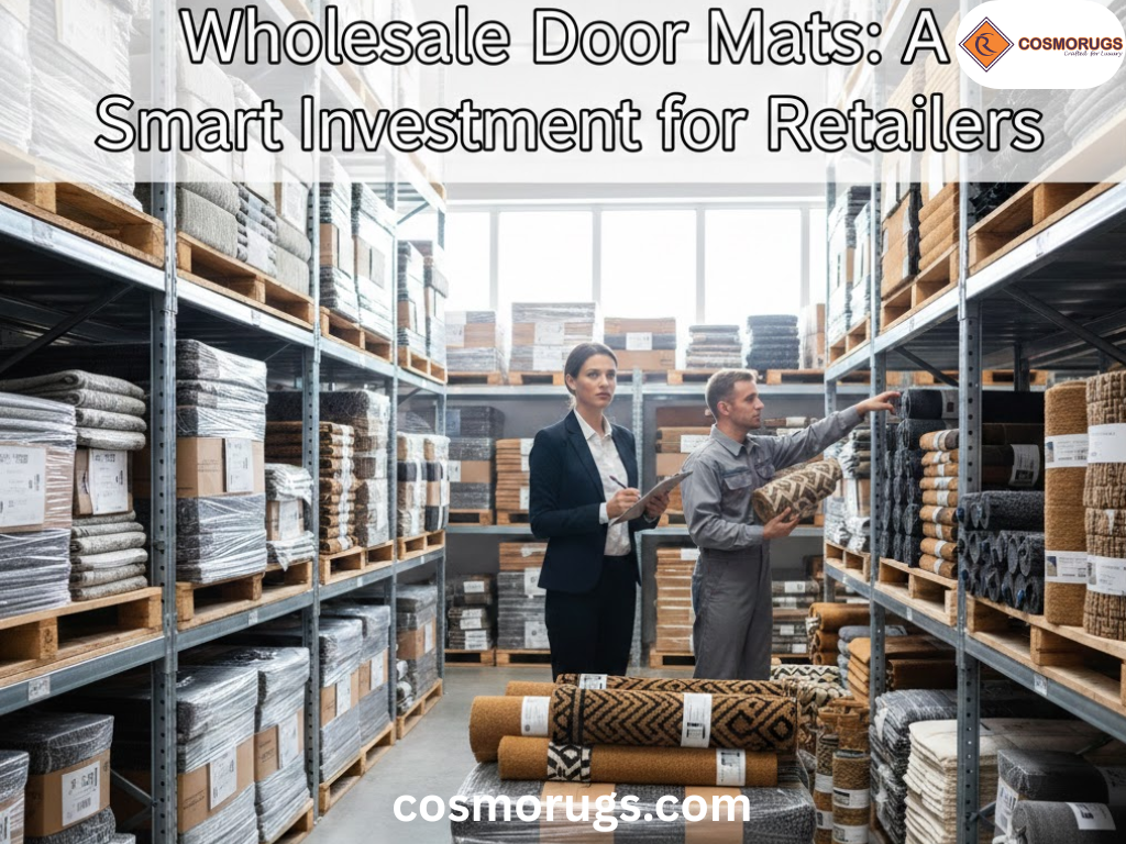Wholesale door mats stacked in bulk inside a warehouse showing cotton, coir, rubber, and microfiber mats ready for retail distribution and inventory planning.