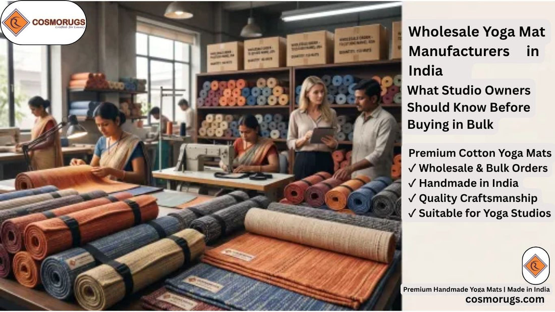 Indian yoga mat manufacturing facility with artisans producing handmade cotton yoga mats for wholesale and bulk studio orders.