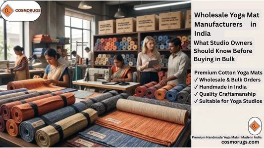 Indian yoga mat manufacturing facility with artisans producing handmade cotton yoga mats for wholesale and bulk studio orders.