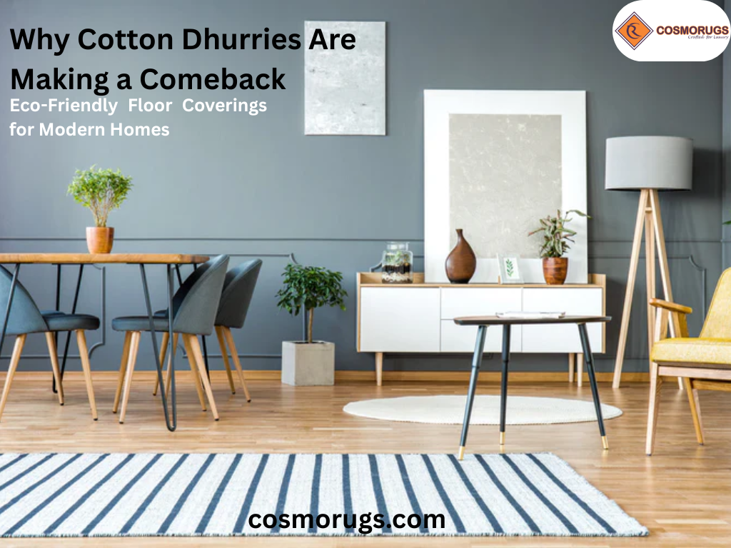 Modern living room interior featuring a handwoven cotton dhurrie rug layered over neutral flooring, highlighting eco-friendly and sustainable home décor.